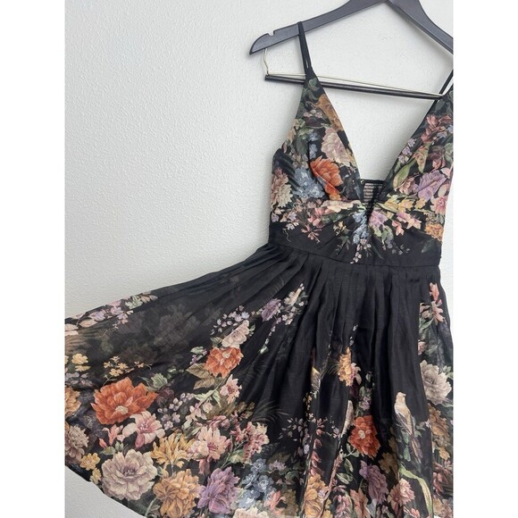 Zimmermann Pavilion V Neck Mini Dress in Black Multi Floral Linen Silk AU 1 US 6 - Picture 8 of 16
